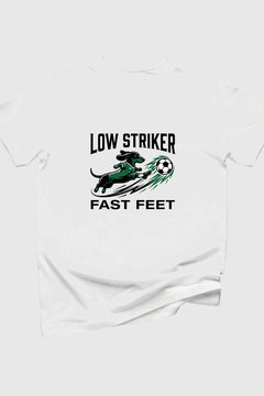 Low Striker Fast Feet dachshund soccer print close-up on white t-shirt