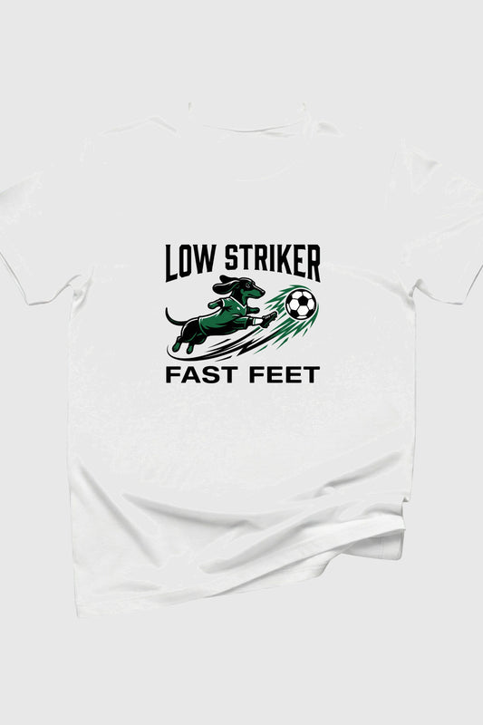 Low Striker Fast Feet dachshund soccer print close-up on white t-shirt