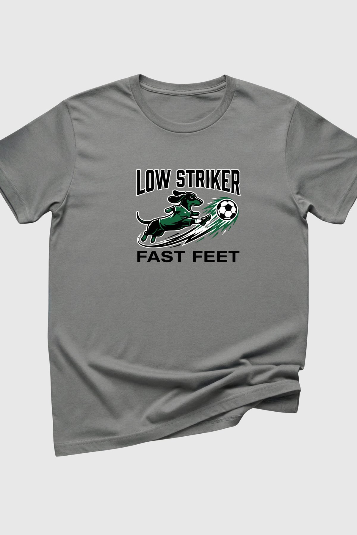 Black t-shirt with Low Striker Fast Feet dachshund soccer print, unisex crew neck
