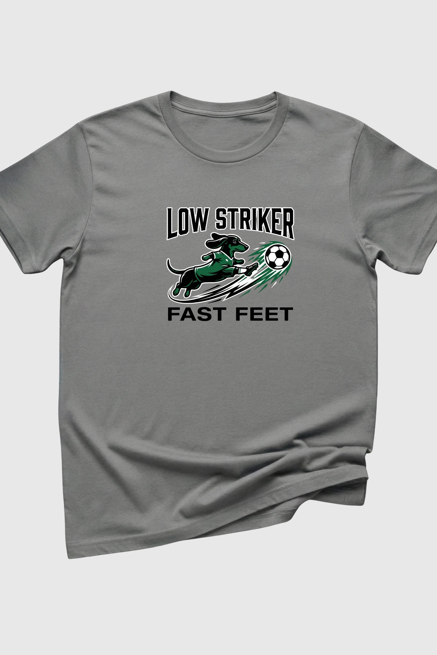 Black t-shirt with Low Striker Fast Feet dachshund soccer print, unisex crew neck