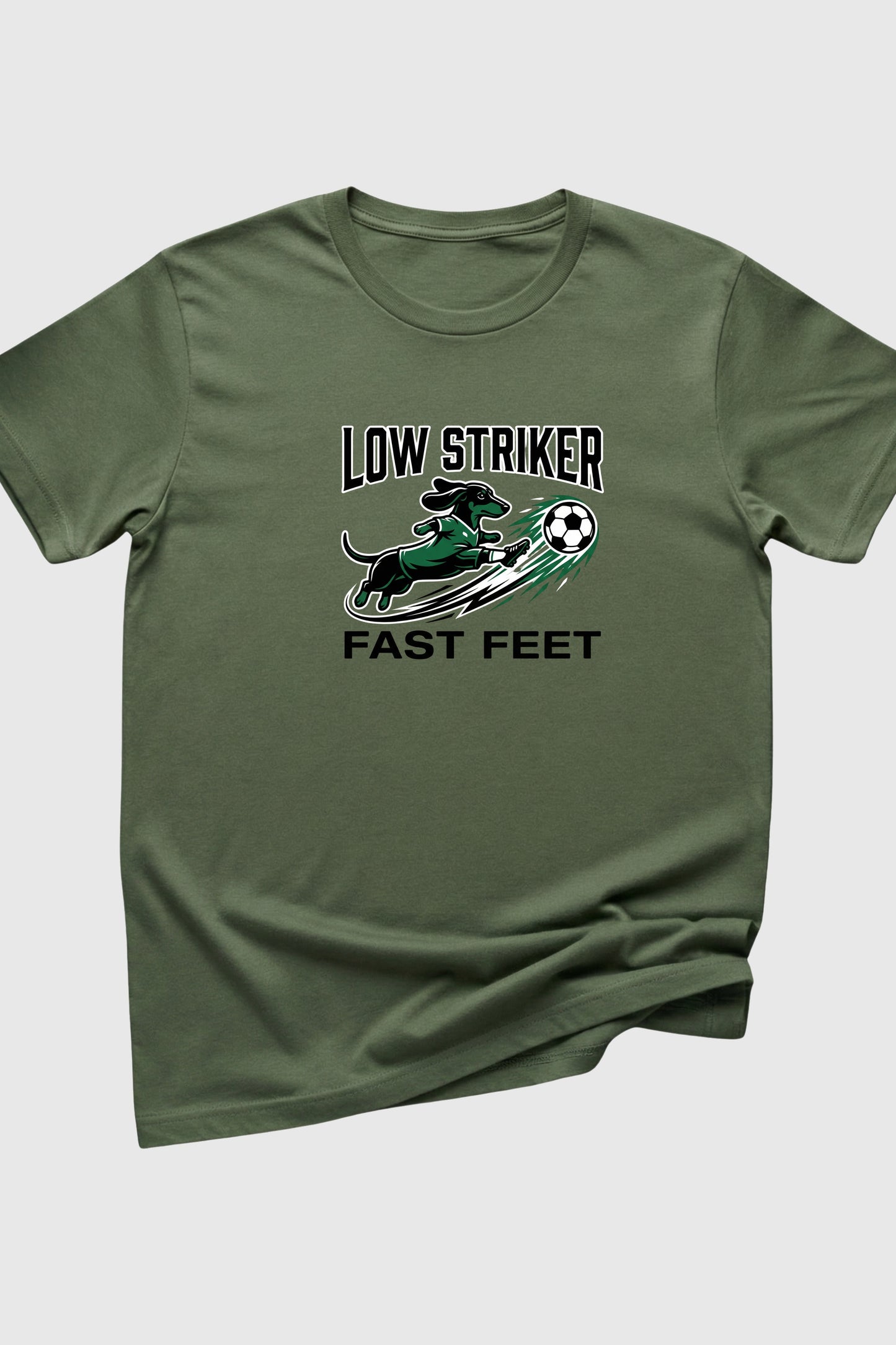 Man wearing black t-shirt with dachshund soccer print