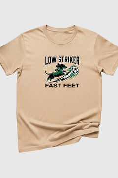 Low Striker dachshund soccer print close-up on black t-shirt