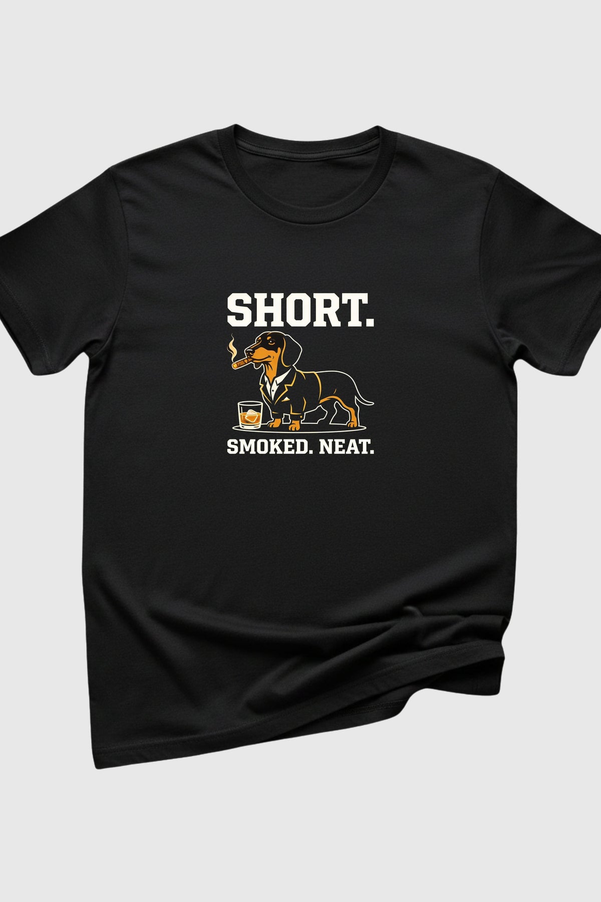 Short Smoked Neat dachshund whiskey print close-up on white t-shirt