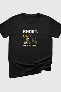 Short Smoked Neat dachshund whiskey print close-up on white t-shirt