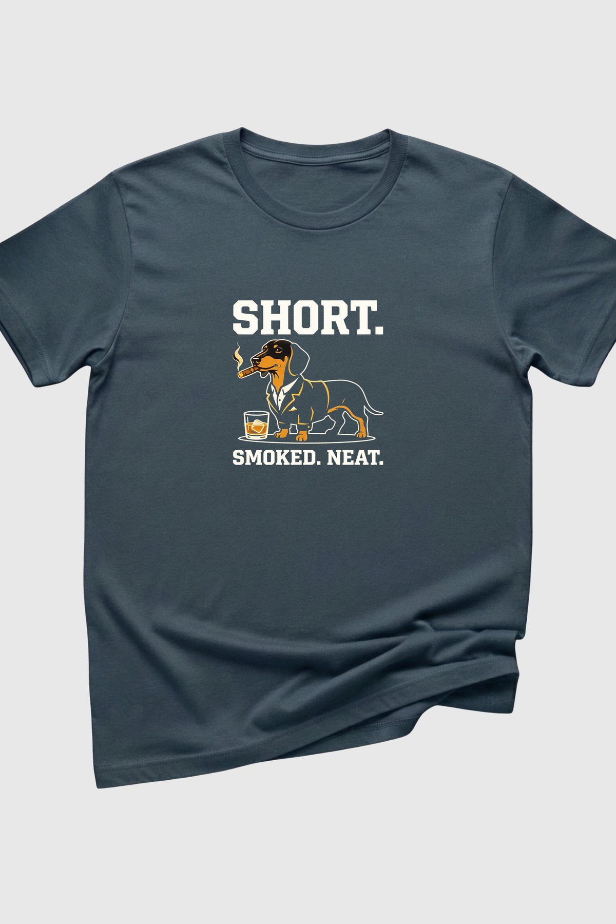 Black t-shirt with Short Smoked Neat dachshund whiskey print, unisex crew neck