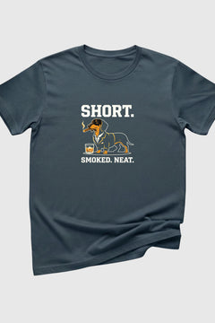 Black t-shirt with Short Smoked Neat dachshund whiskey print, unisex crew neck