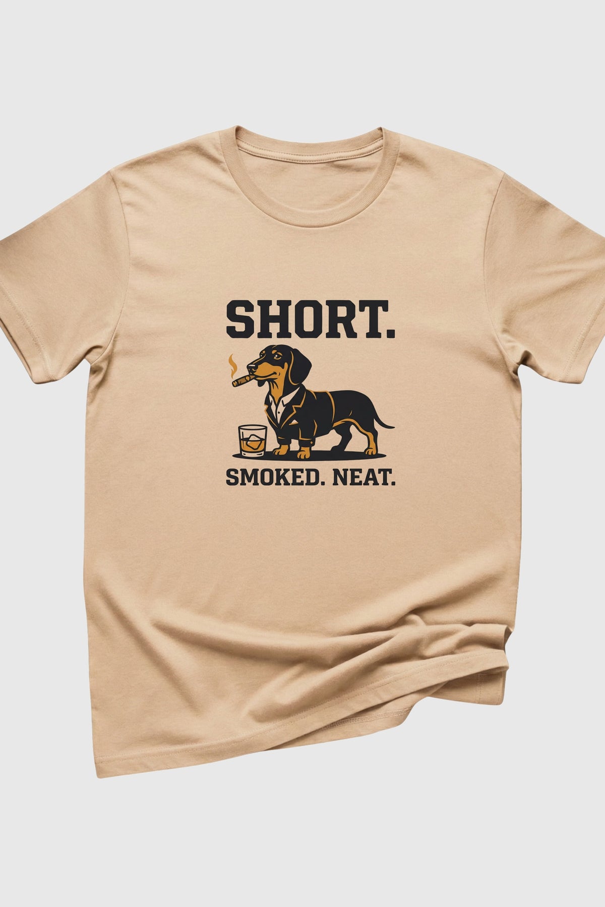 Man wearing black t-shirt with dachshund whiskey print