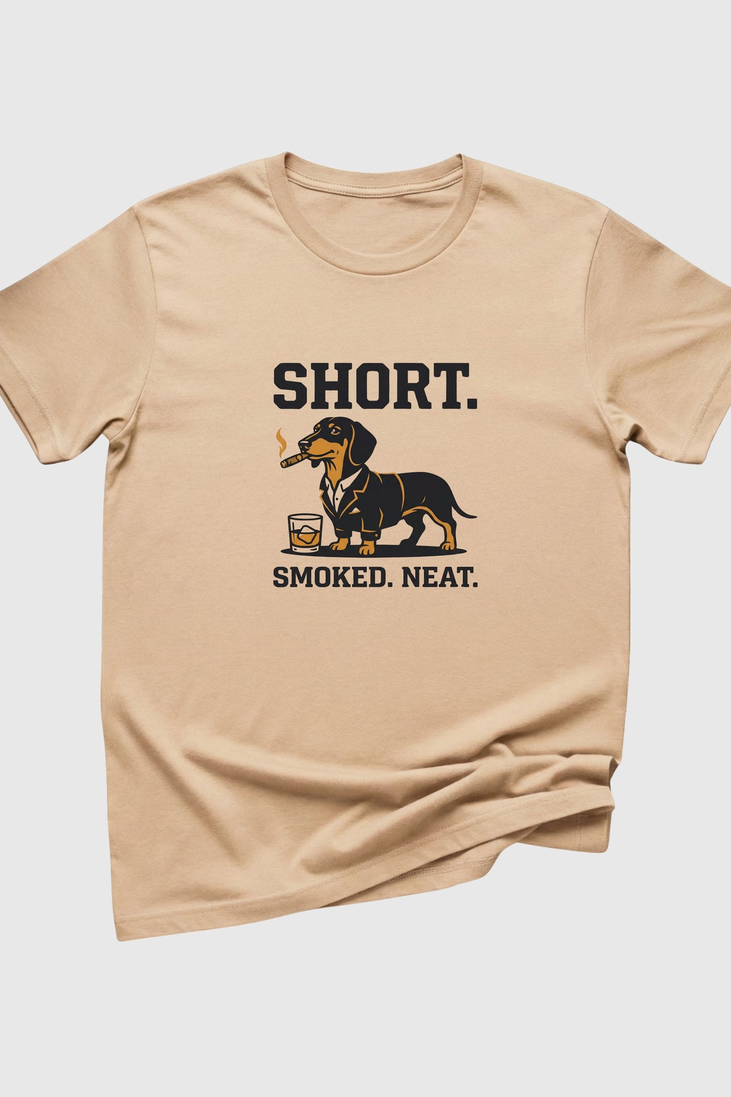 Man wearing black t-shirt with dachshund whiskey print