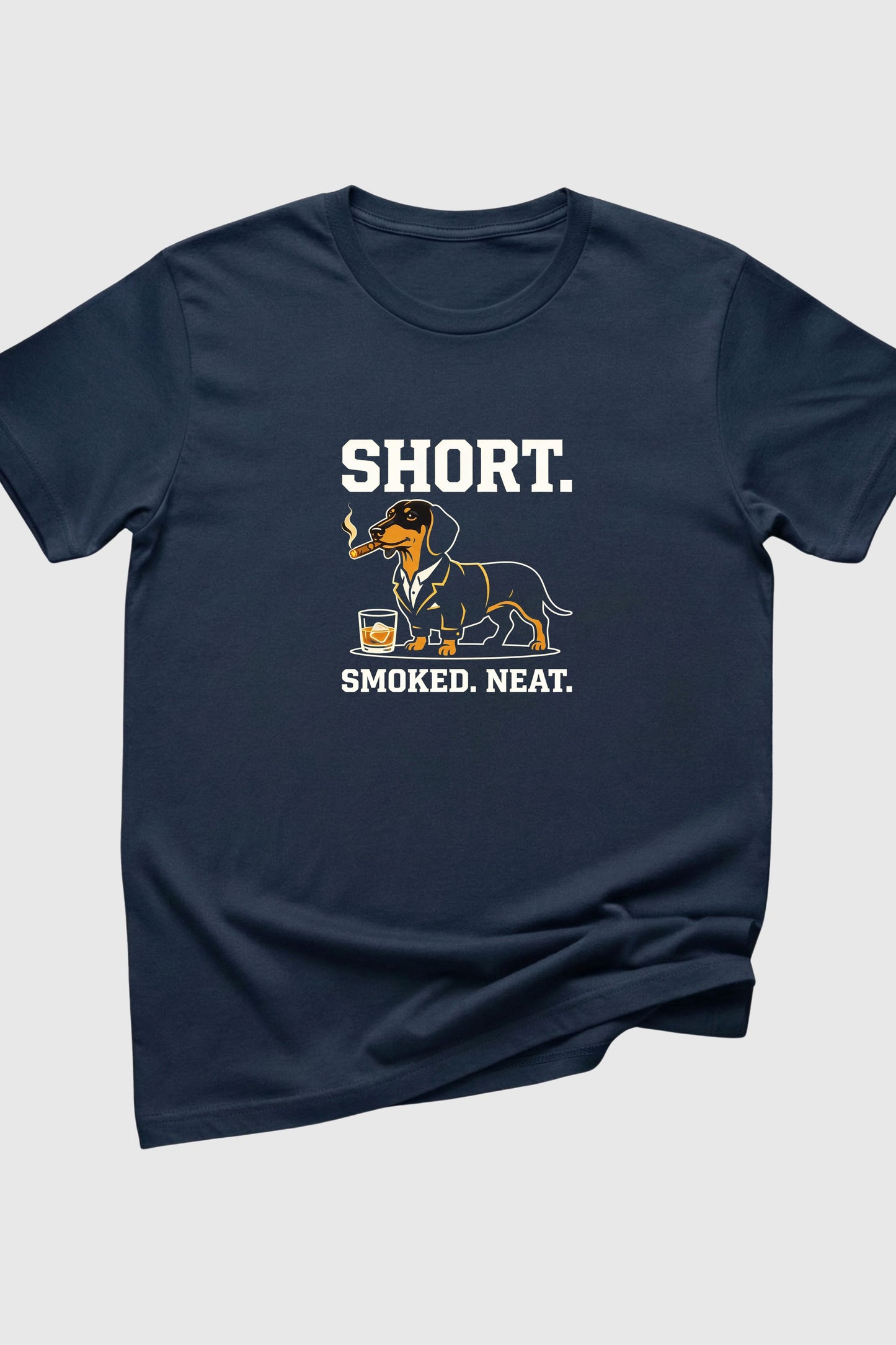 Short Smoked Neat print close-up on black t-shirt