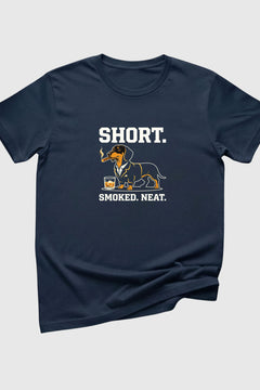 Short Smoked Neat print close-up on black t-shirt