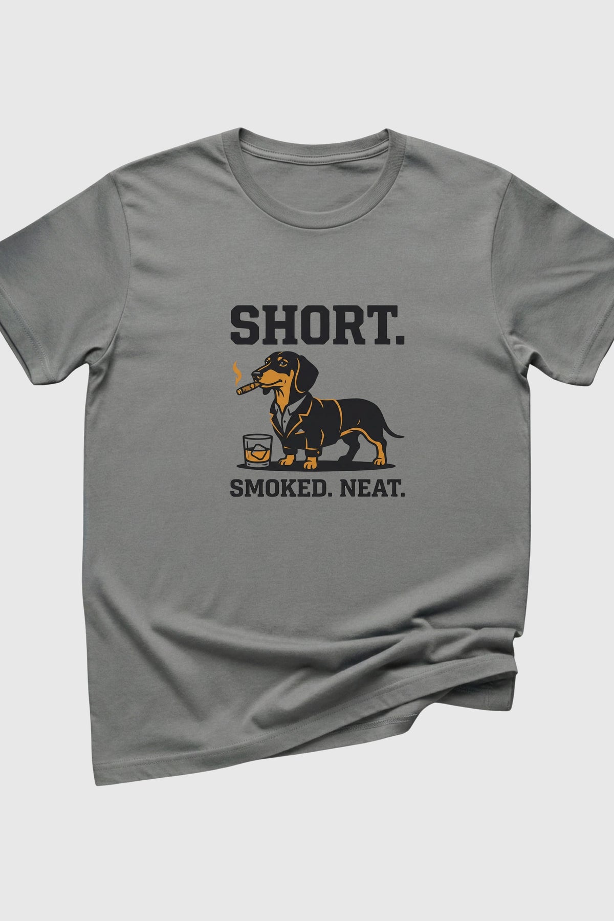 Heather gray t-shirt with Short Smoked Neat dachshund whiskey print, unisex crew neck