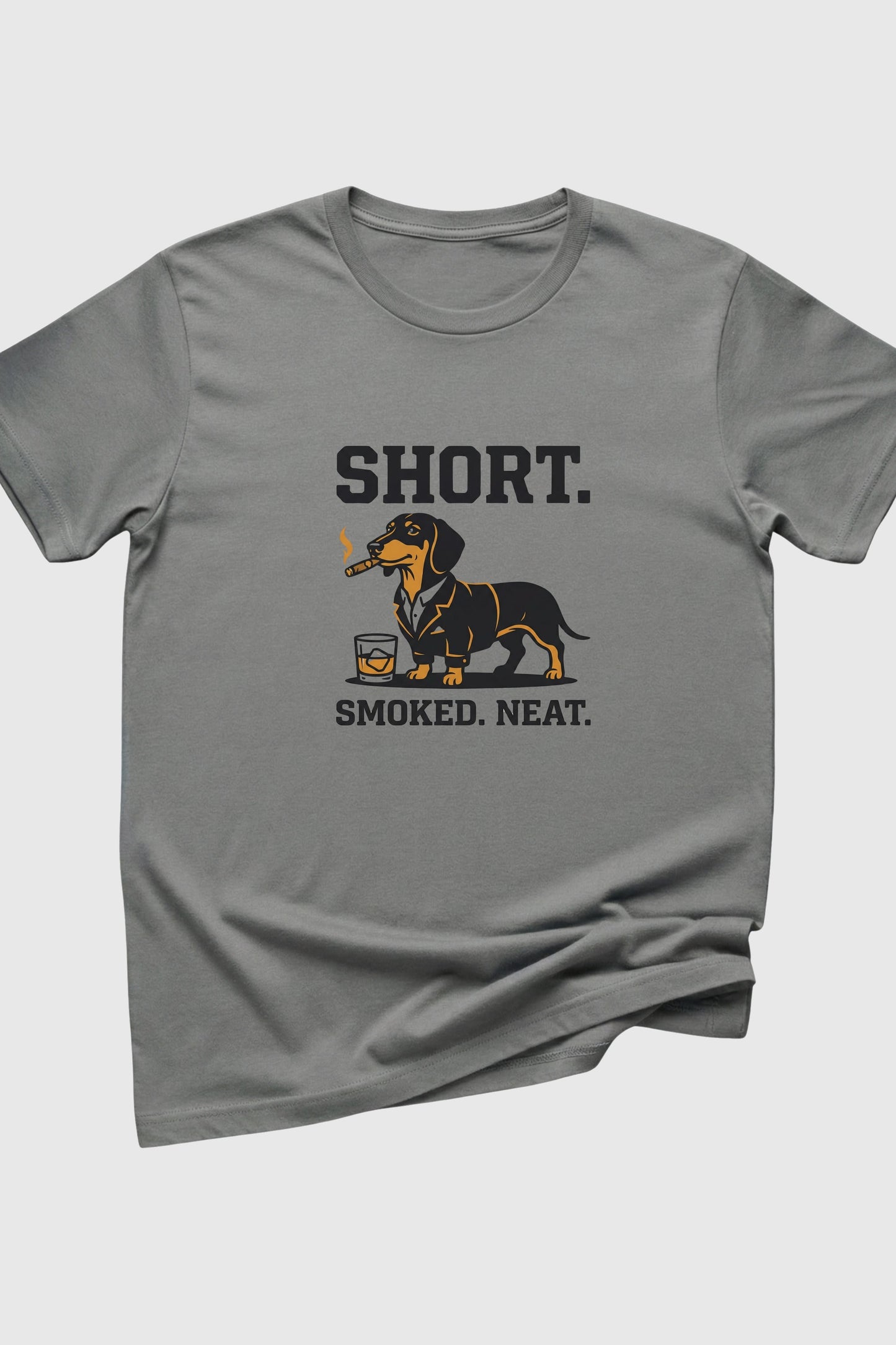 Heather gray t-shirt with Short Smoked Neat dachshund whiskey print, unisex crew neck
