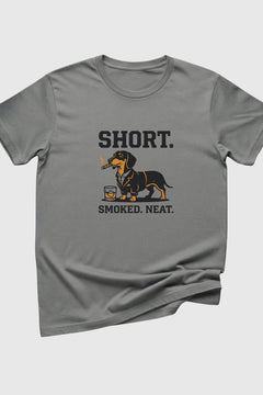 Heather gray t-shirt with Short Smoked Neat dachshund whiskey print, unisex crew neck