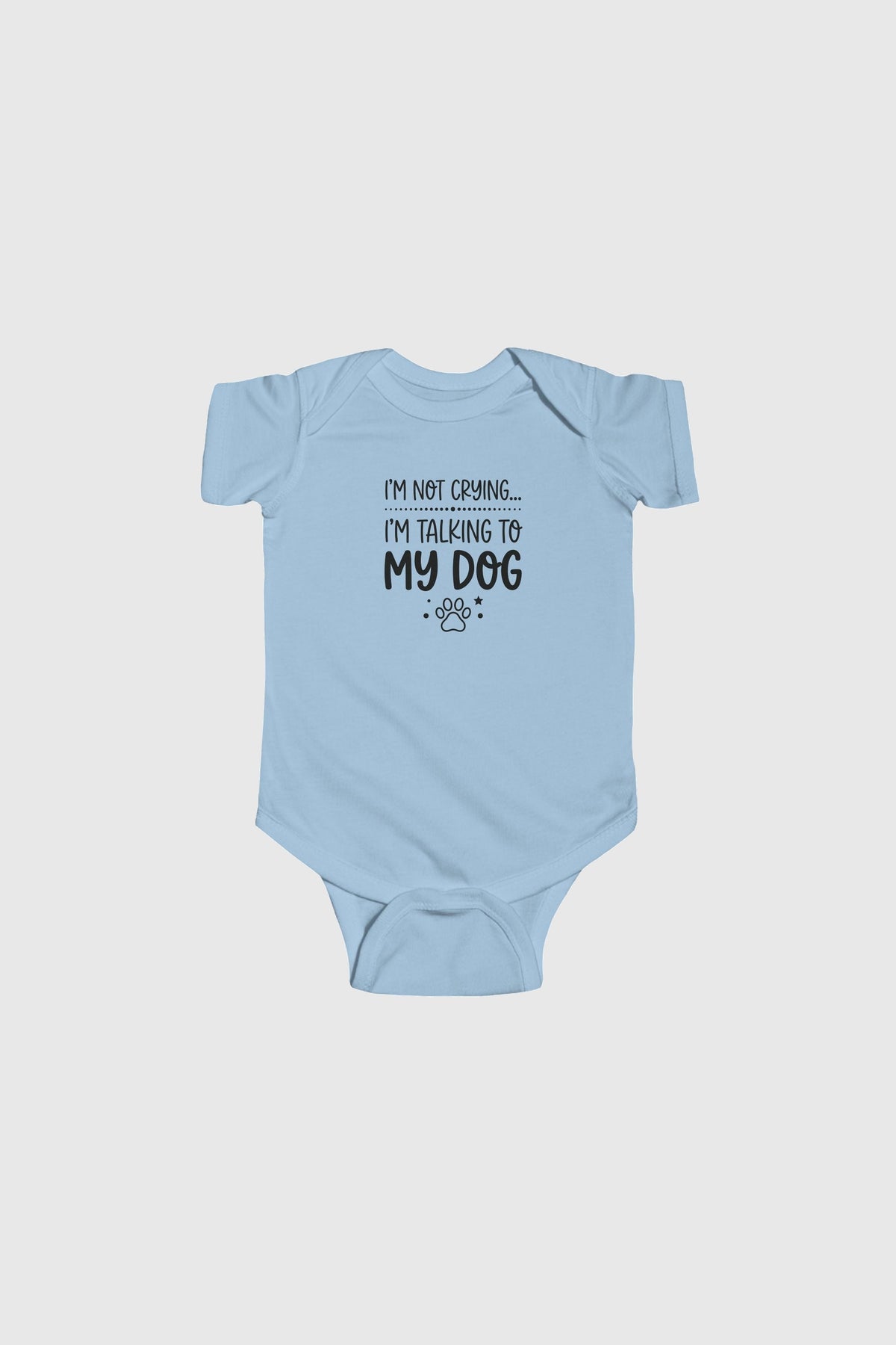 Light blue baby onesie with text on a light gray background