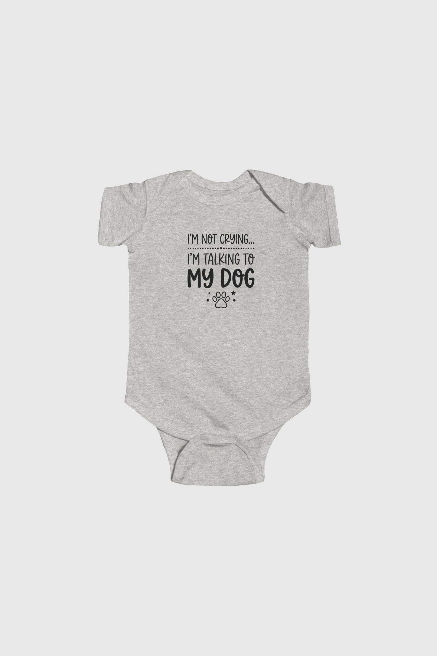 Gray baby onesie with text on a white background