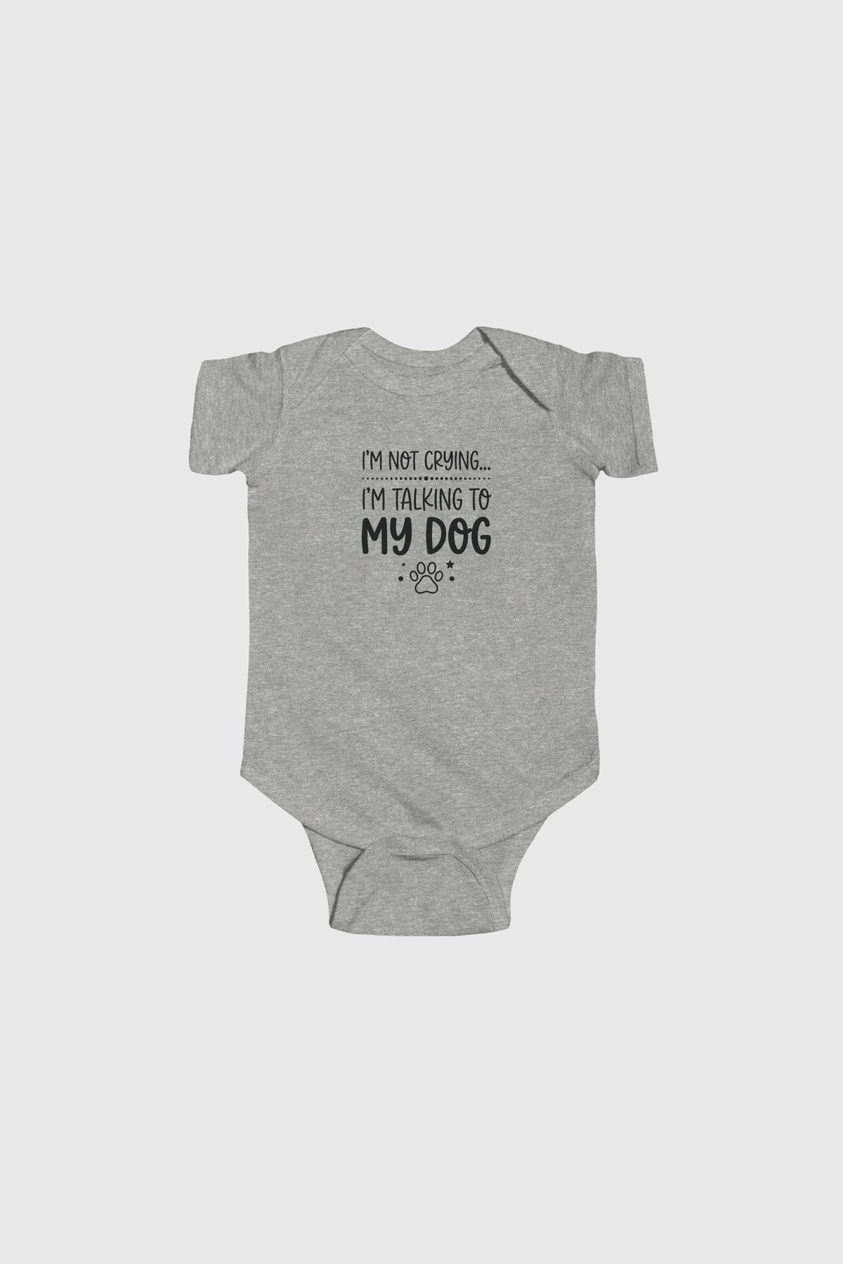 Gray baby onesie with text on a white background