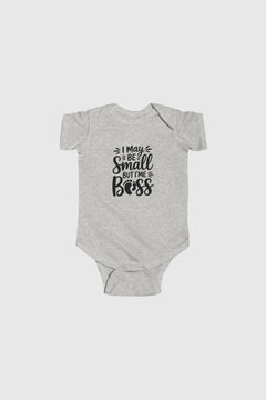 Yellow baby bodysuit with I May Be Small But I'm Boss print, snap closure