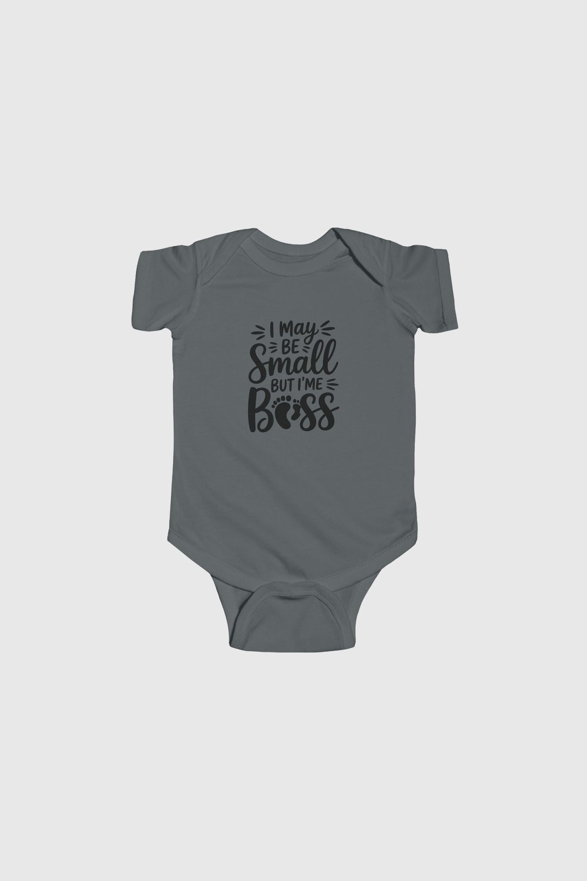 Baby wearing yellow I May Be Small But I'm Boss bodysuit