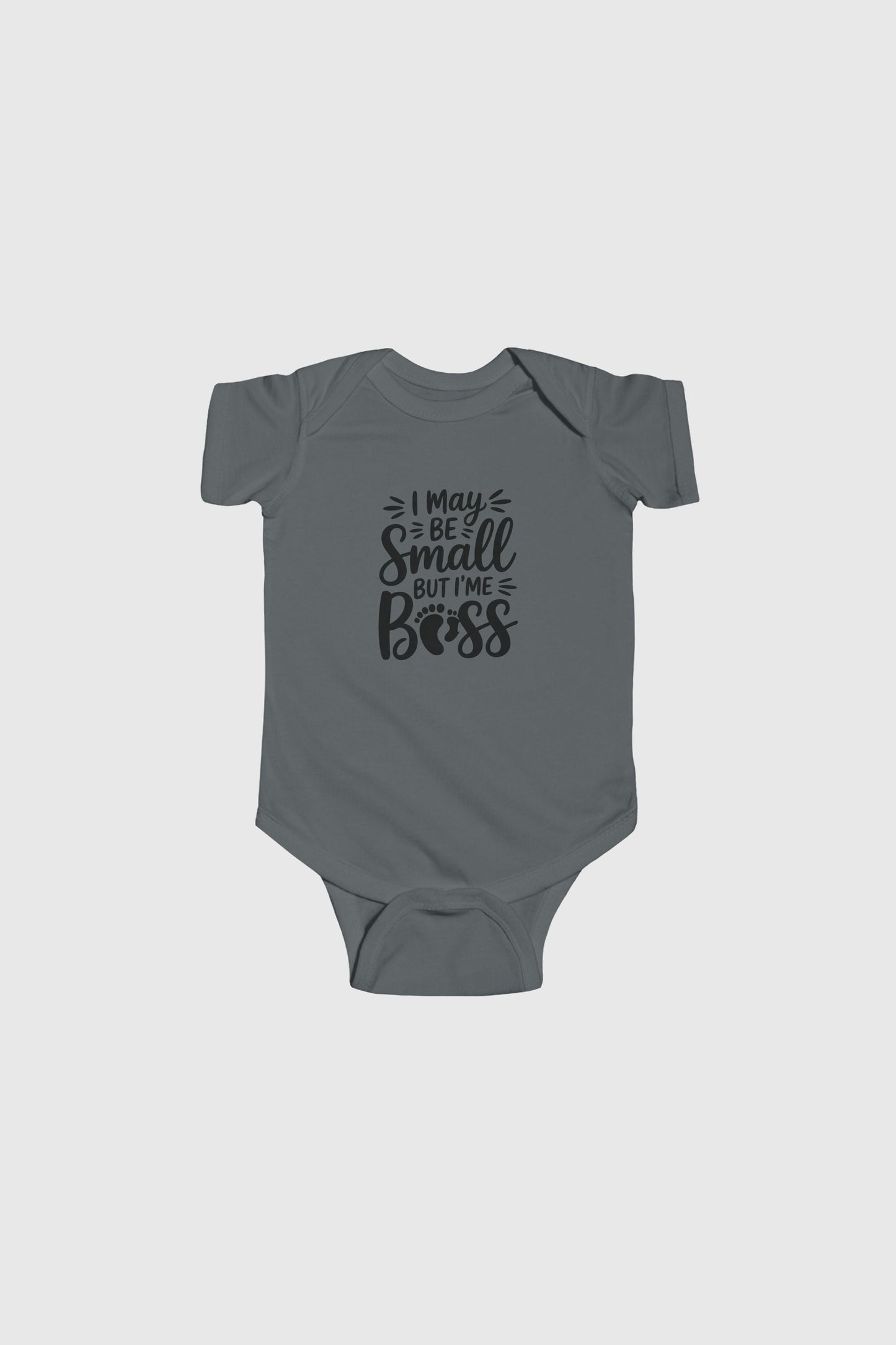 Baby wearing yellow I May Be Small But I'm Boss bodysuit