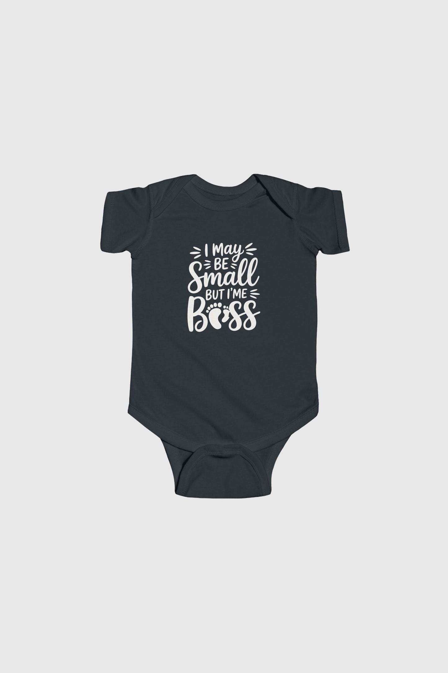 Light blue baby bodysuit with I May Be Small But I'm Boss print, snap closure