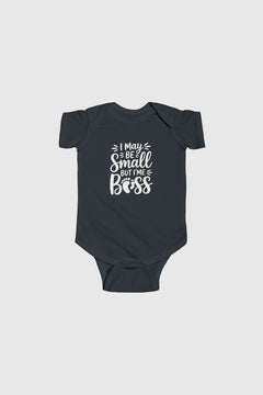Light blue baby bodysuit with I May Be Small But I'm Boss print, snap closure