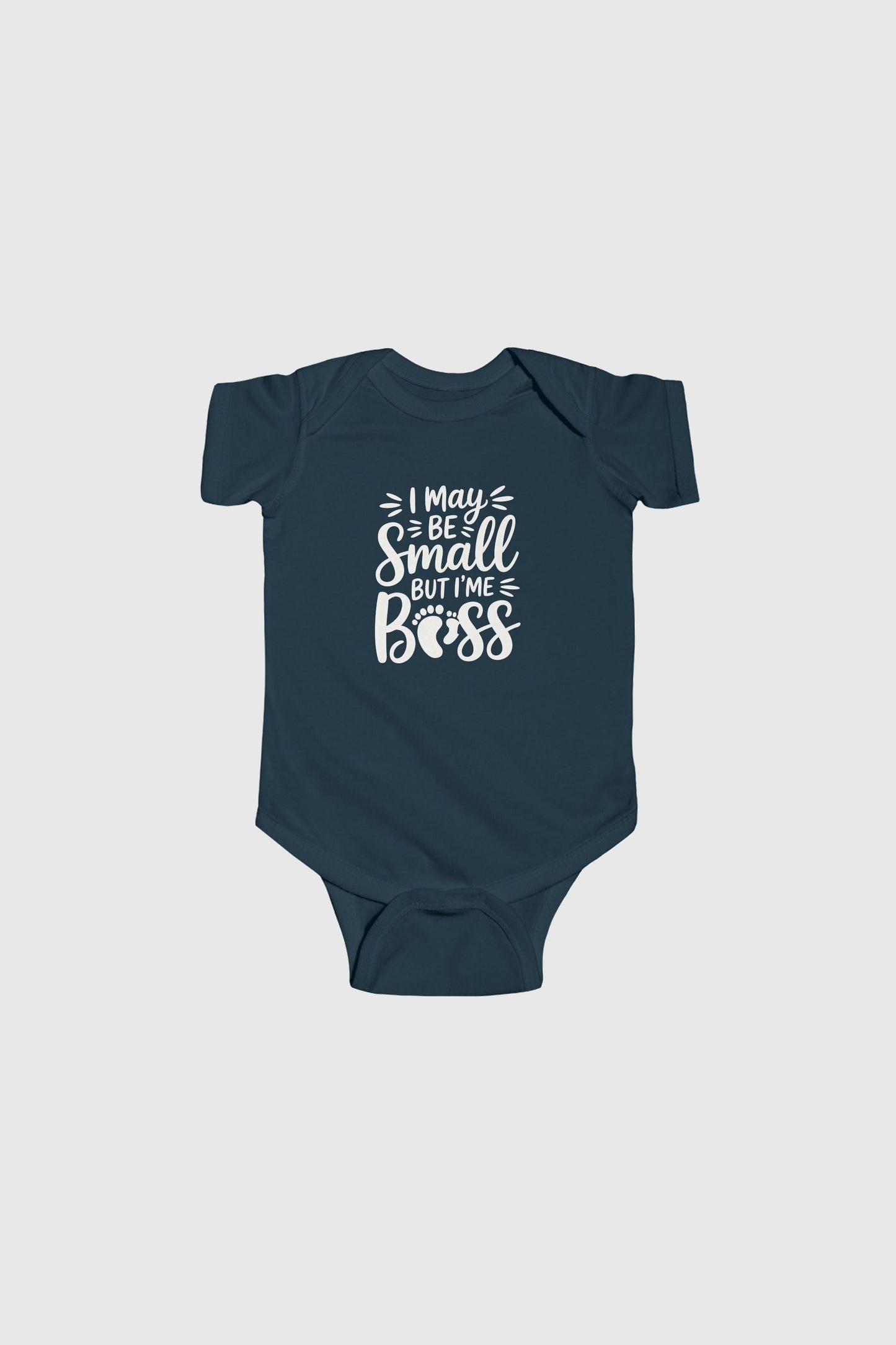 Baby wearing light blue I May Be Small But I'm Boss bodysuit