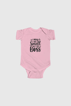 Lavender baby bodysuit with I May Be Small But I'm Boss print, snap closure