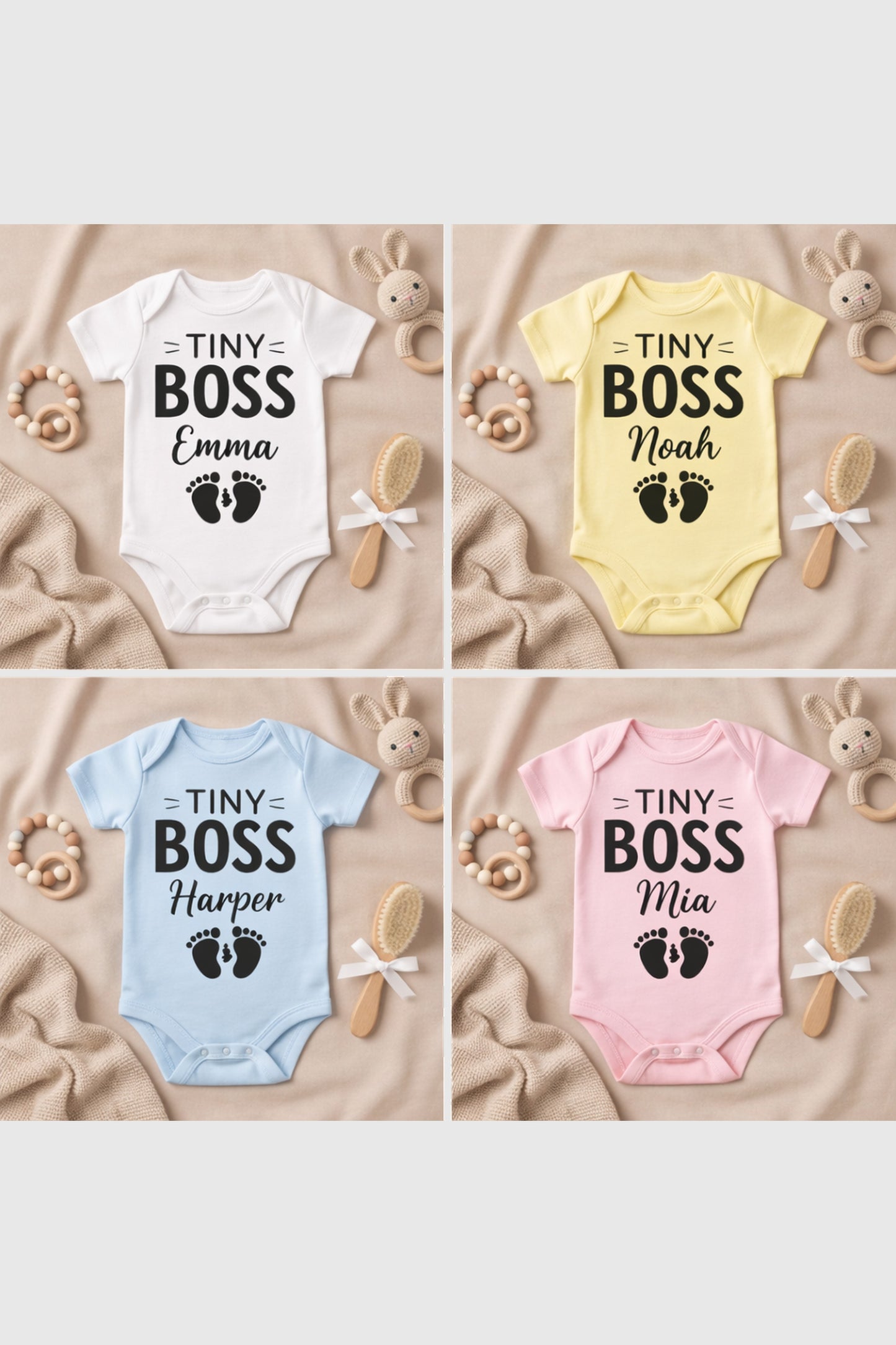 Baby wearing white personalized Tiny Boss bodysuit, snap closure