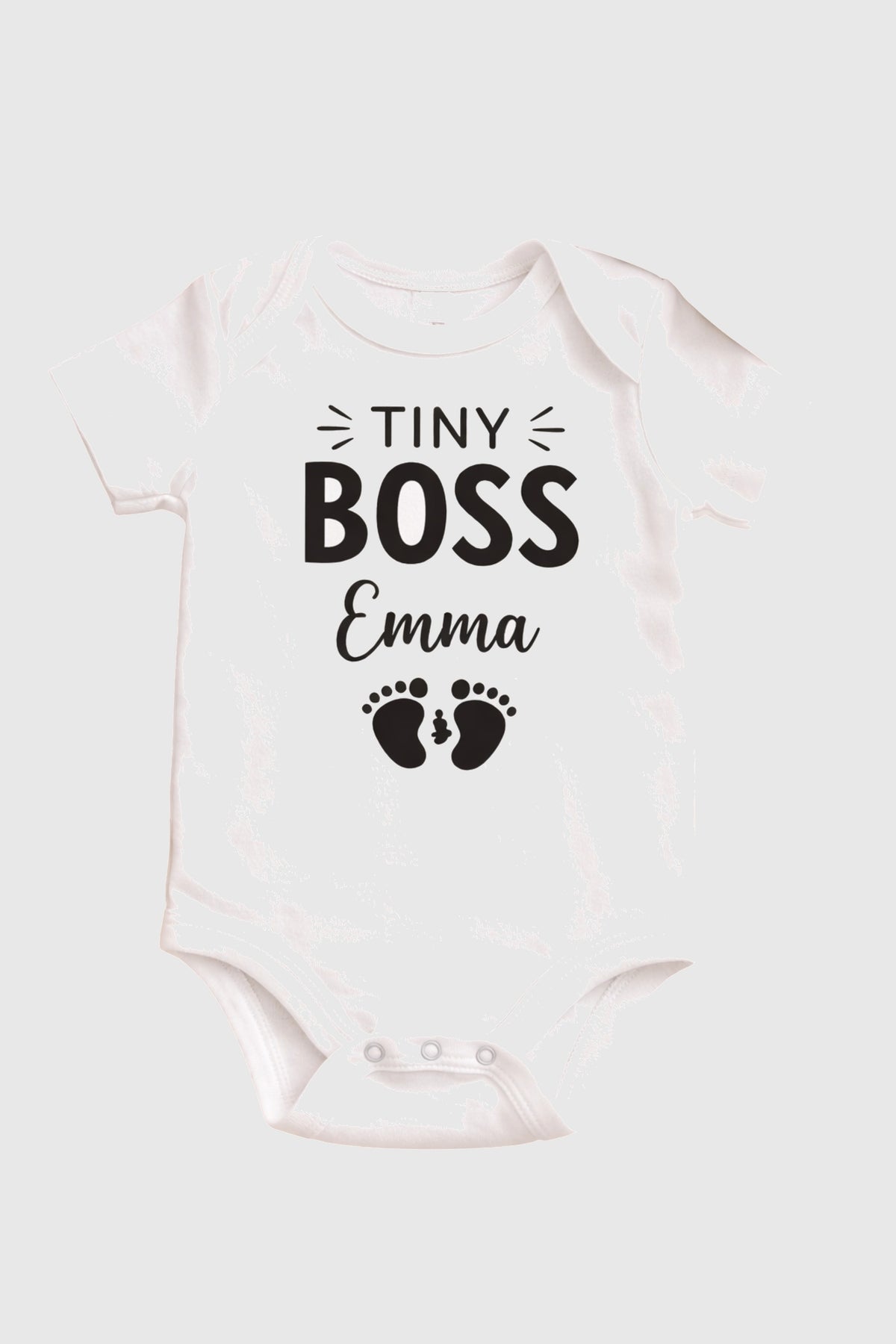 Baby wearing pink personalized Tiny Boss bodysuit