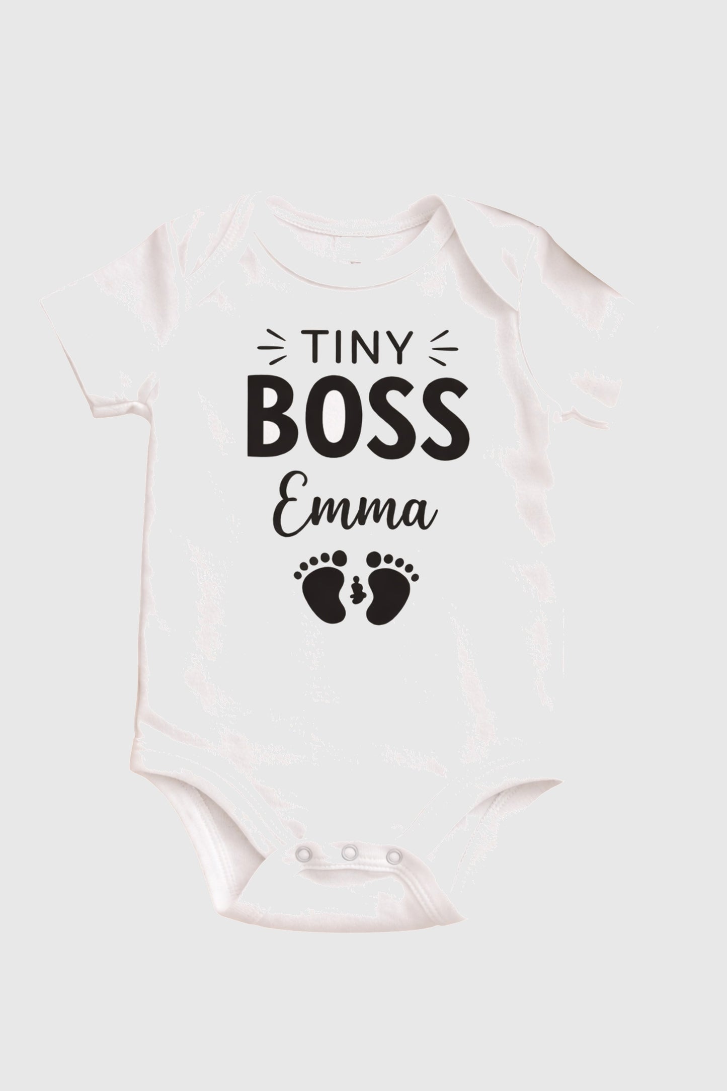 Baby wearing pink personalized Tiny Boss bodysuit