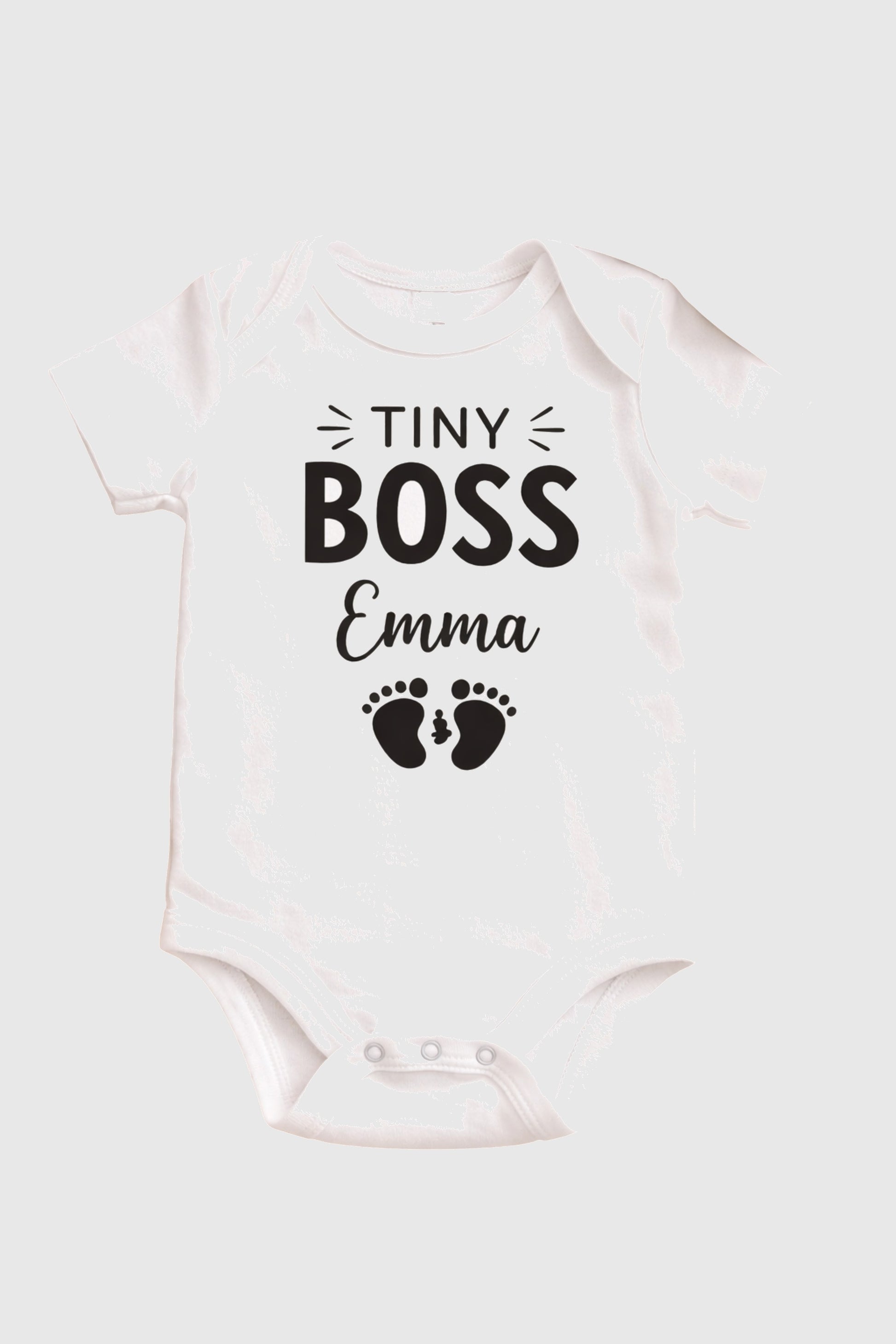 Baby wearing pink personalized Tiny Boss bodysuit