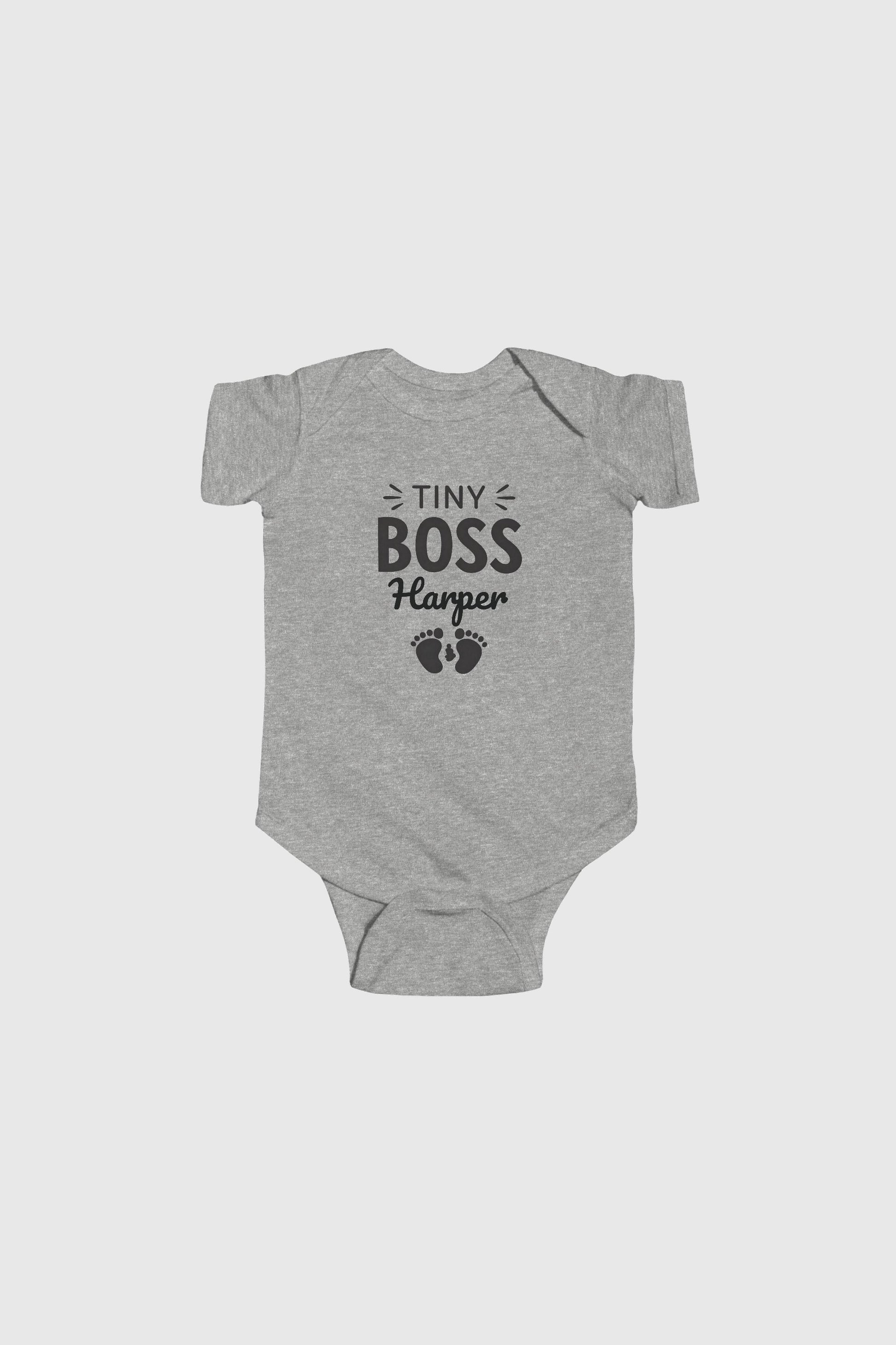 Light blue personalized baby bodysuit with Tiny Boss name, snap closure