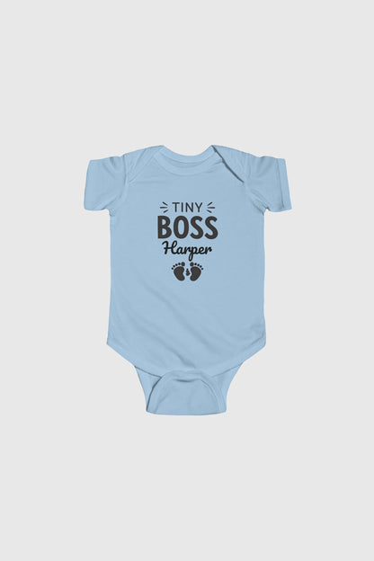 Personalized Tiny Boss baby bodysuit with custom name, snap closure