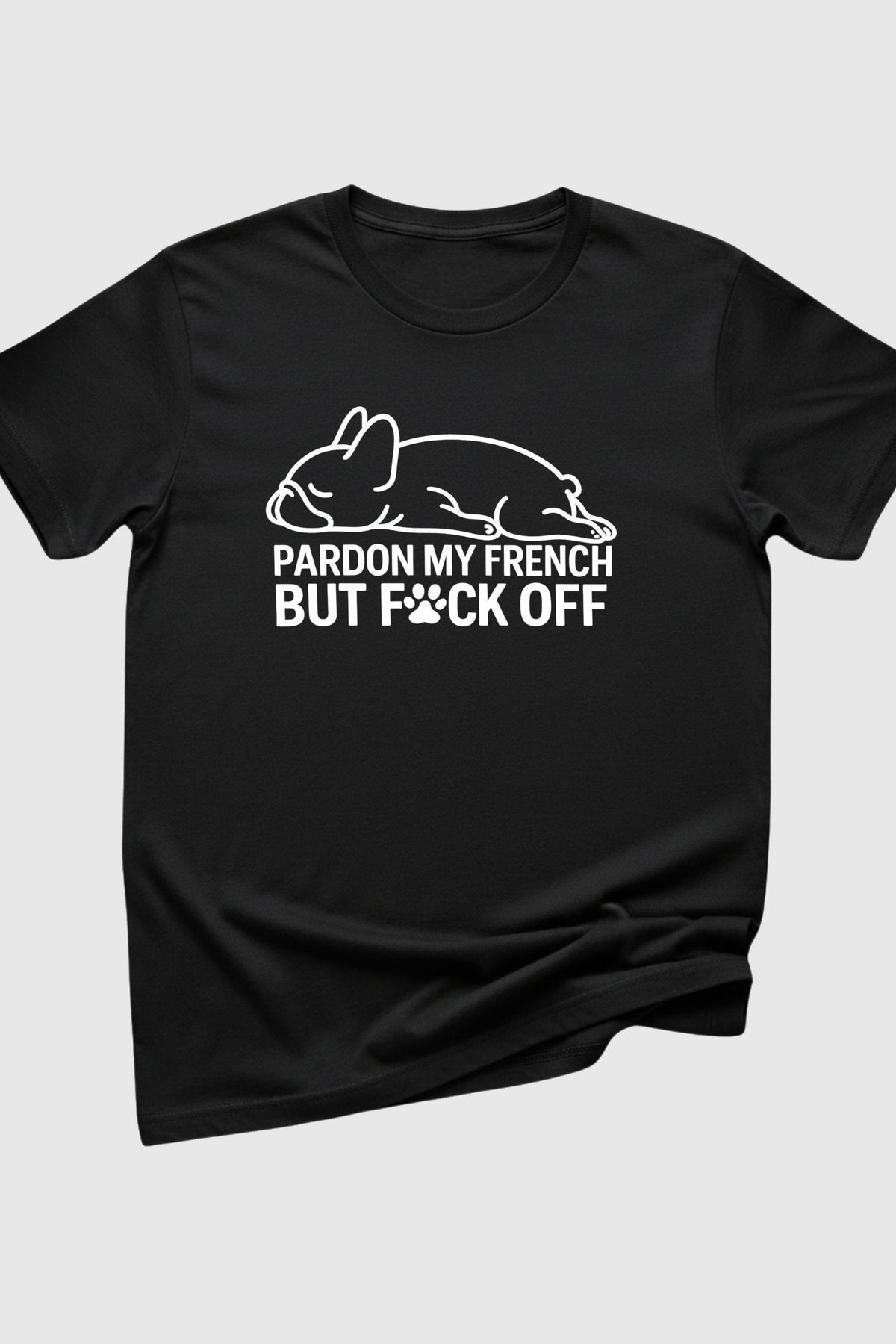 Man wearing black t-shirt with Pardon My French Bulldog print