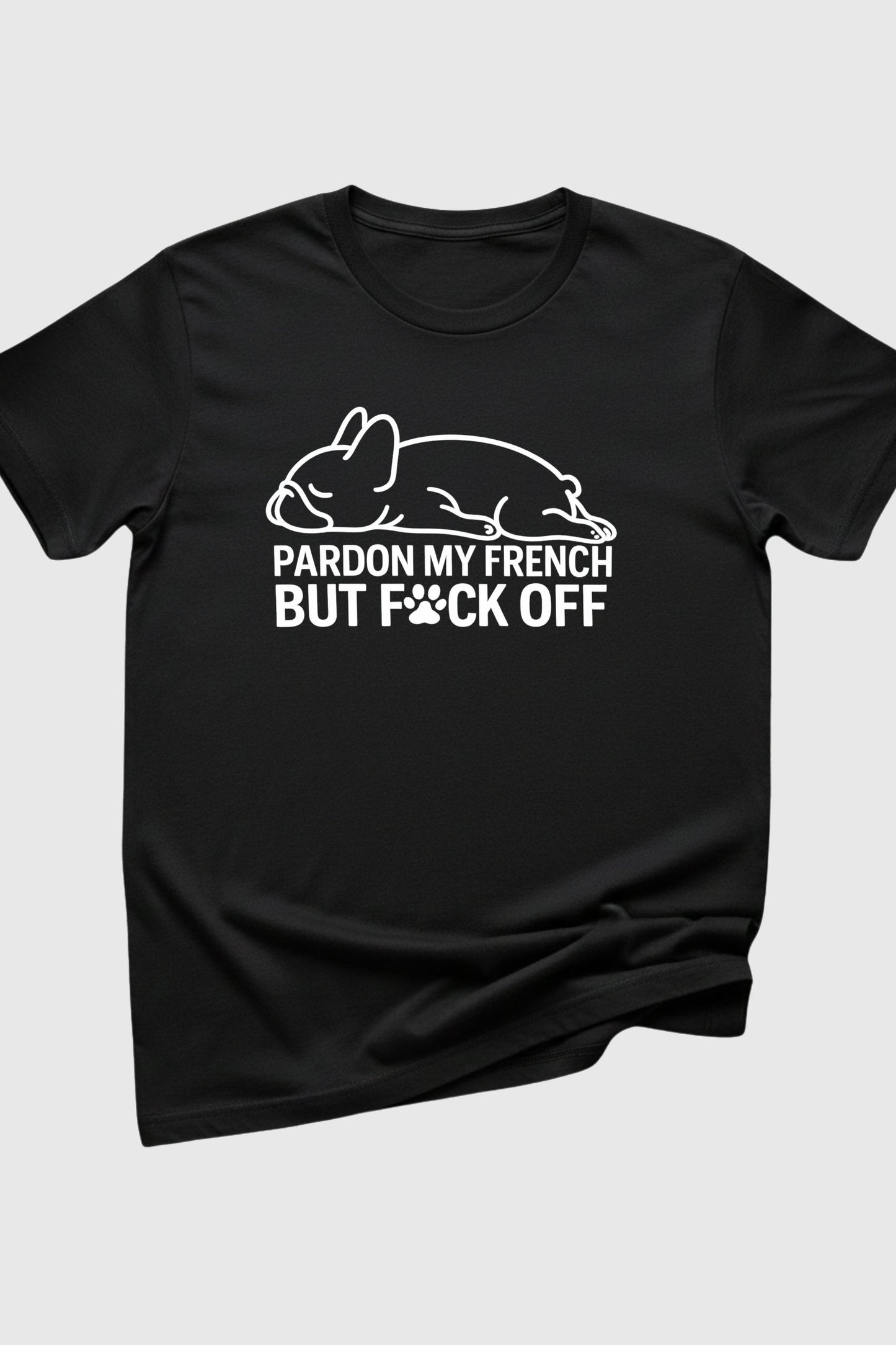 Man wearing black t-shirt with Pardon My French Bulldog print