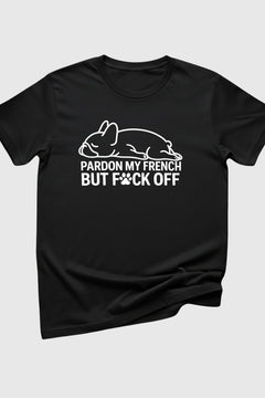 Man wearing black t-shirt with Pardon My French Bulldog print