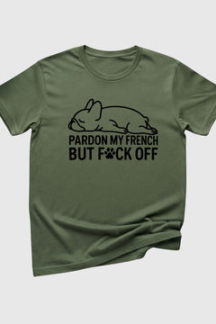 Heather gray t-shirt with Pardon My French Bulldog print, unisex crew neck