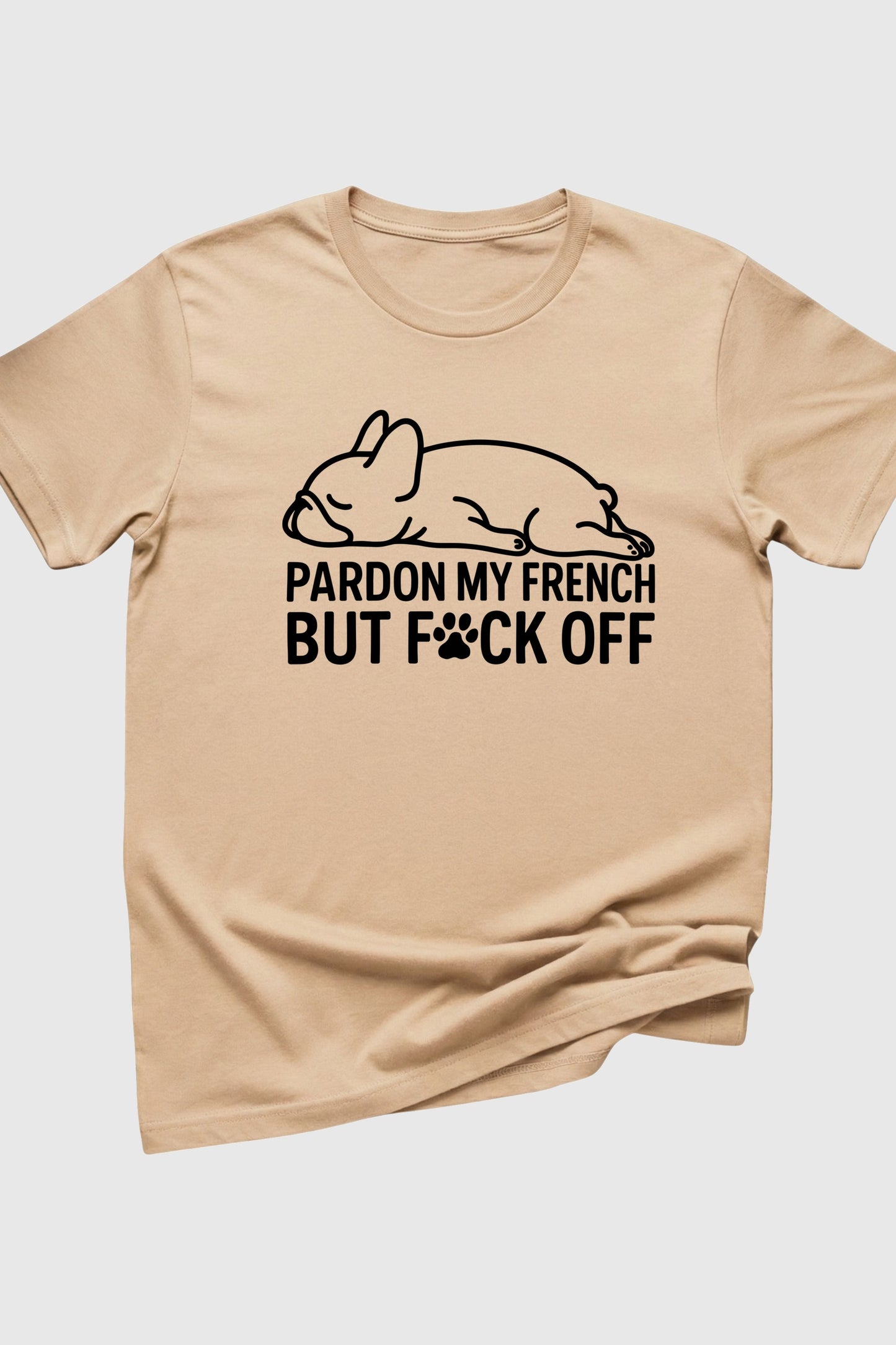 Pardon My French Bulldog print close-up on white t-shirt