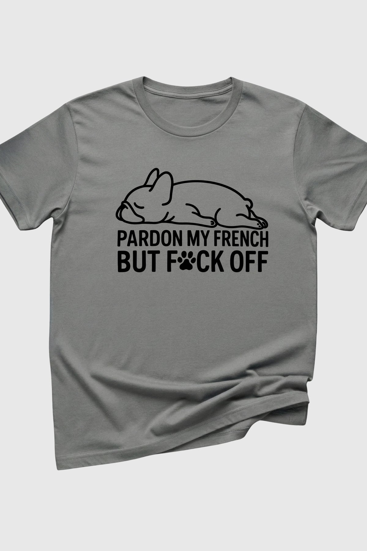 Black t-shirt with Pardon My French Bulldog print, unisex crew neck