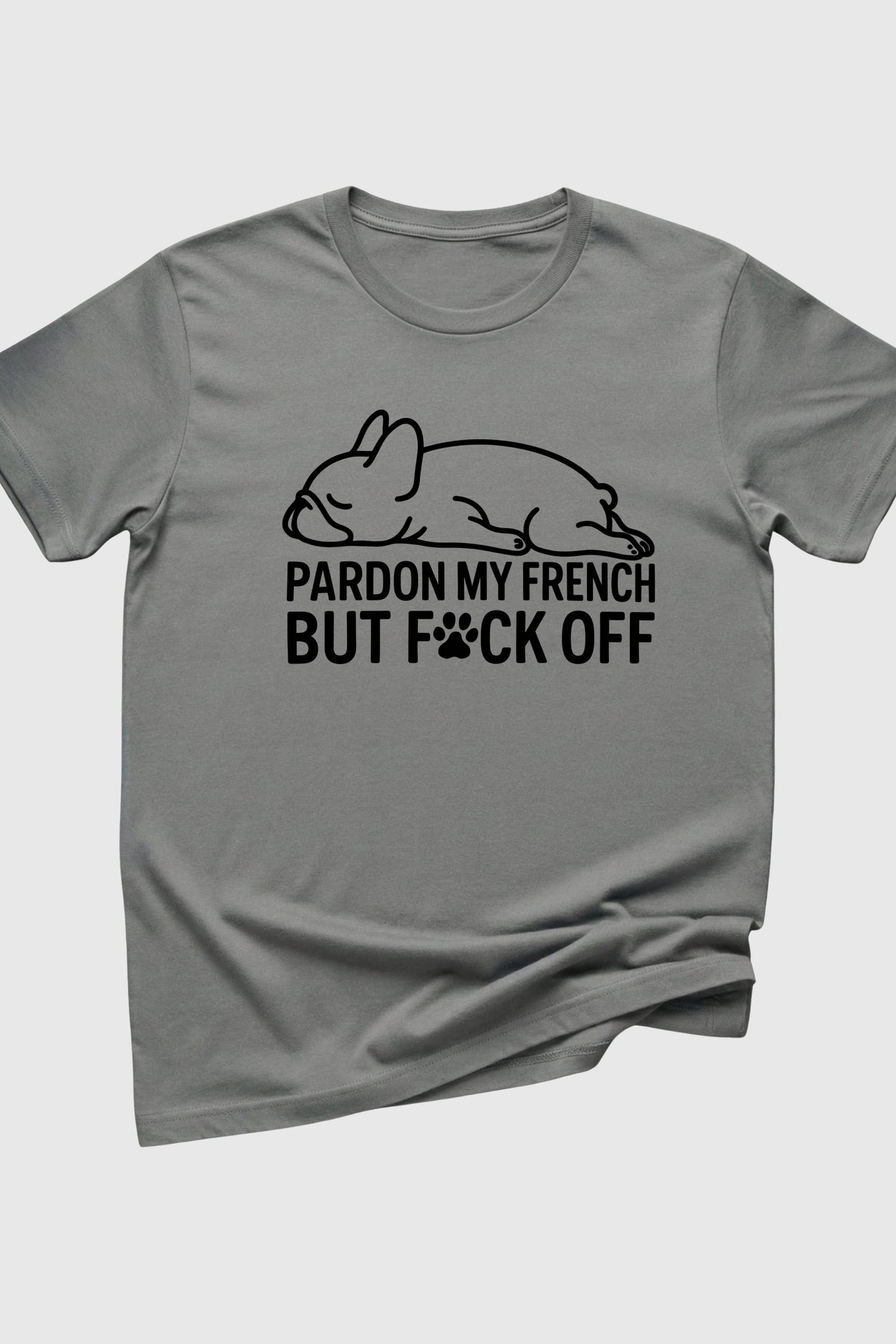 Black t-shirt with Pardon My French Bulldog print, unisex crew neck