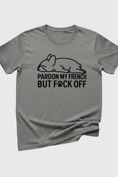 Black t-shirt with Pardon My French Bulldog print, unisex crew neck