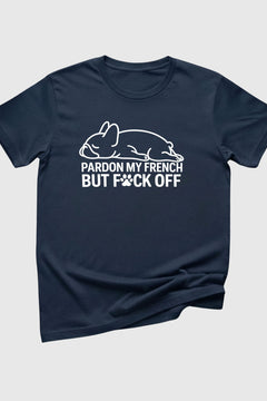 Pardon My French Bulldog print close-up on black t-shirt