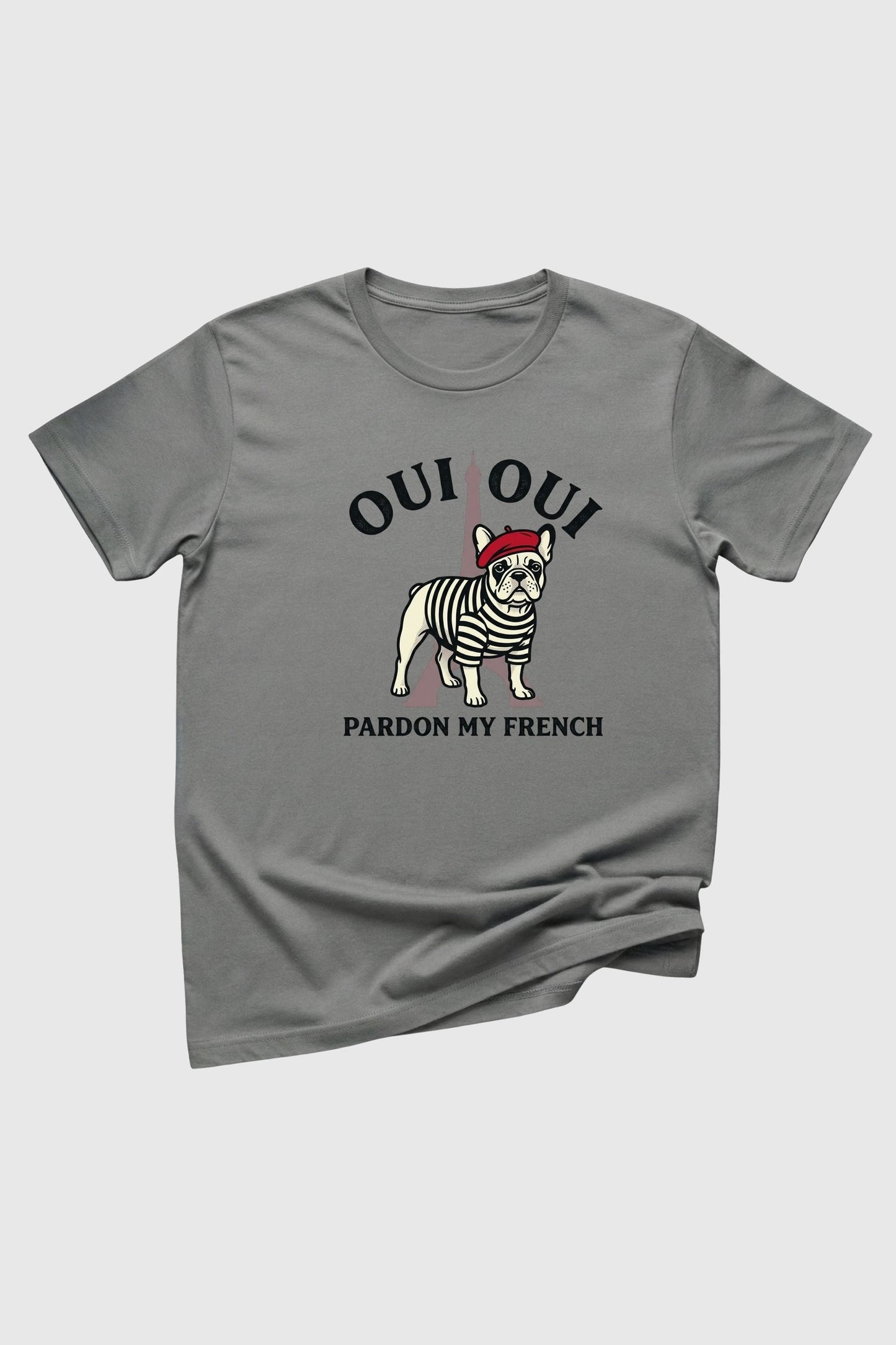 Heather gray t-shirt with Pardon My French french bulldog print, unisex crew neck
