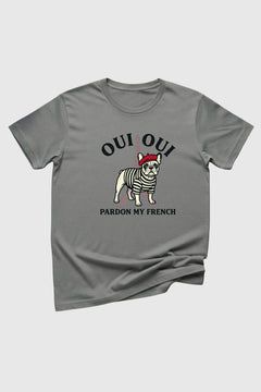 Heather gray t-shirt with Pardon My French french bulldog print, unisex crew neck