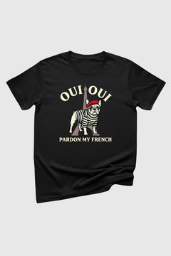 Black t-shirt with Pardon My French french bulldog print, unisex crew neck