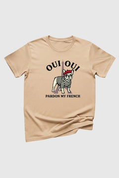 Man wearing black t-shirt with Pardon My French print