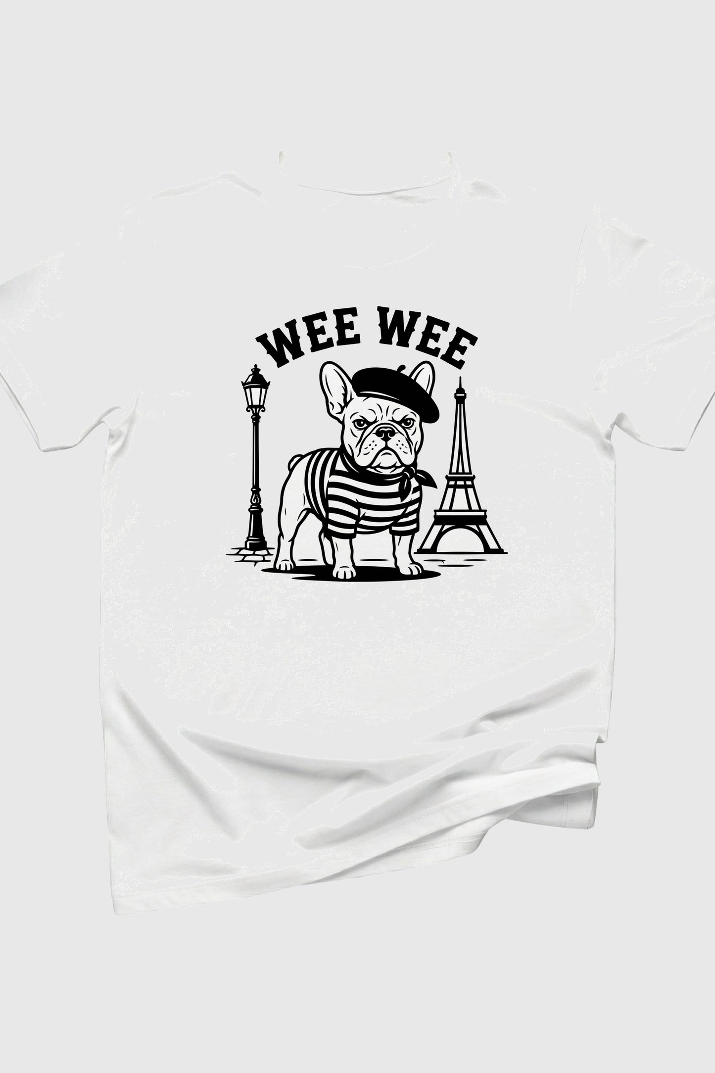 Wee Wee Parisian print close-up on white t-shirt
