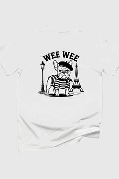 Wee Wee Parisian print close-up on white t-shirt