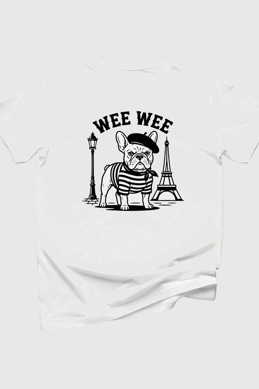 Wee Wee Parisian print close-up on white t-shirt