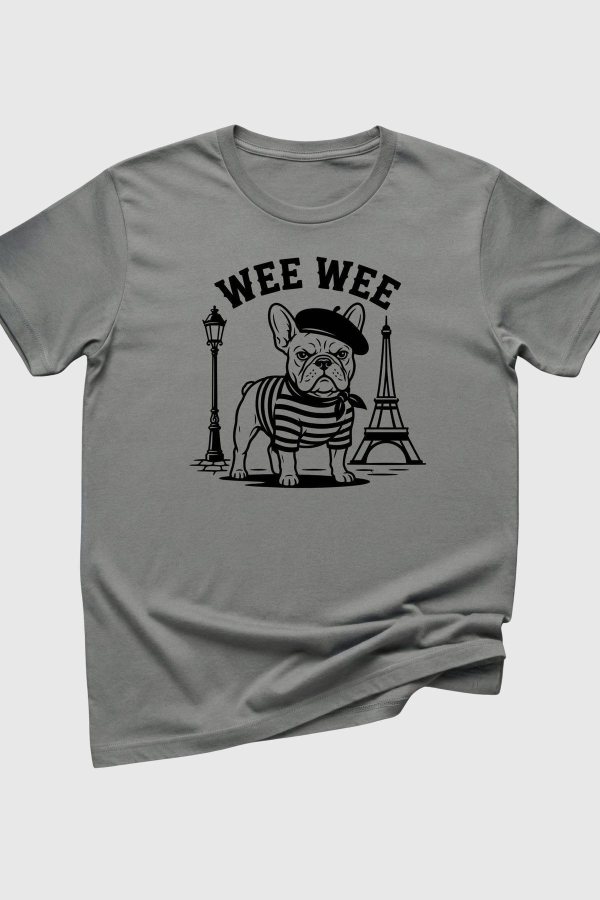 Heather gray t-shirt with Wee Wee Parisian french bulldog print, unisex crew neck